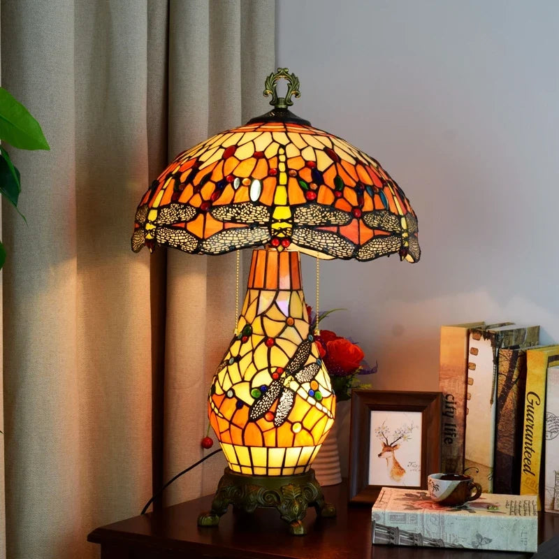 16-inch European-style tinted glass table lamp, dragonfly design, mother-daughter style, luxury, for bedroom, office, and bedside table decoration