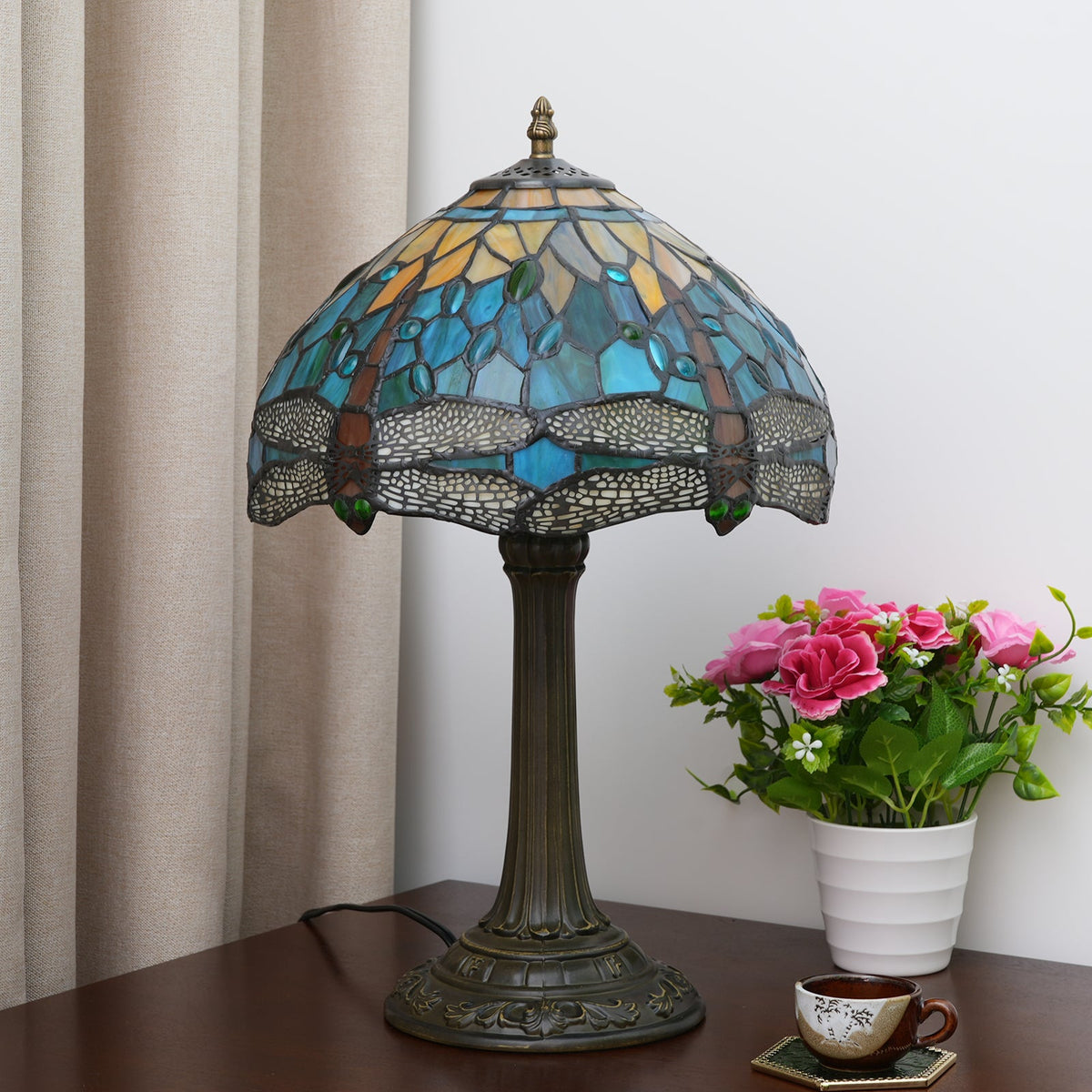 Art Nouveau Table Lamp in Stained Glass with Dragonflies