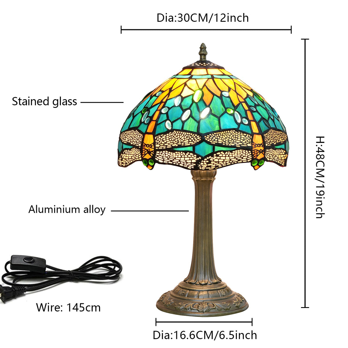 Art Nouveau Table Lamp in Stained Glass with Dragonflies