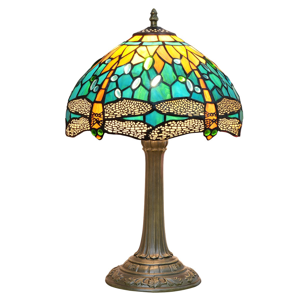 Art Nouveau Table Lamp in Stained Glass with Dragonflies