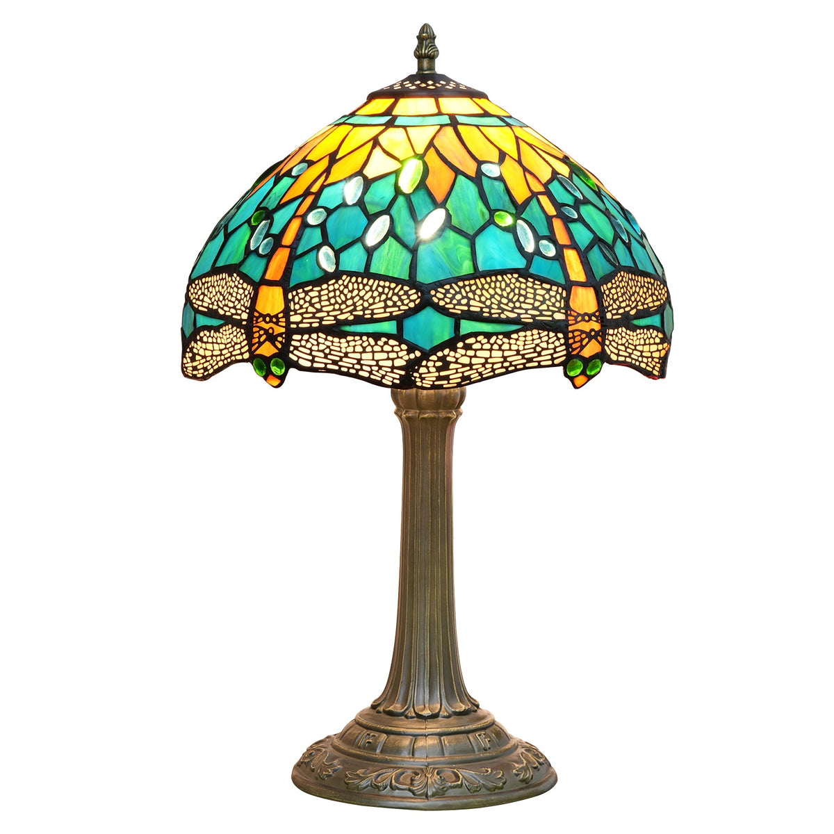 Art Nouveau Table Lamp in Stained Glass with Dragonflies