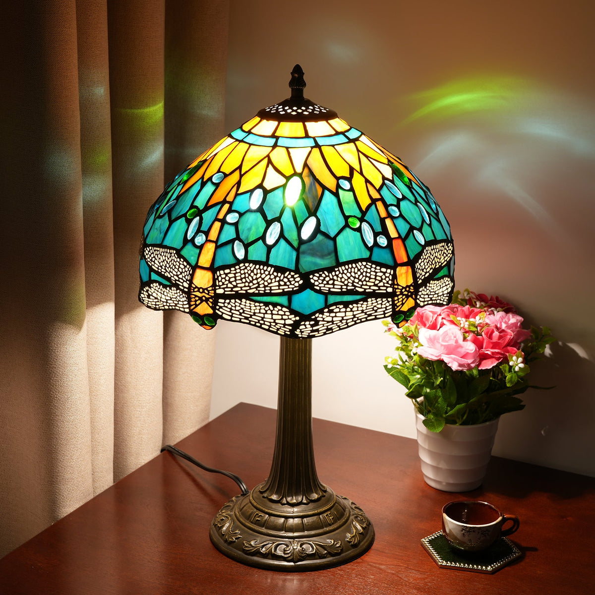 Art Nouveau Table Lamp in Stained Glass with Dragonflies