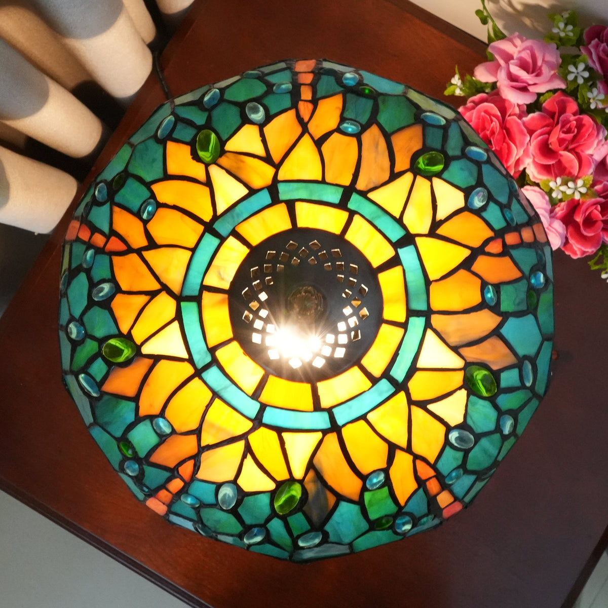Art Nouveau Table Lamp in Stained Glass with Dragonflies