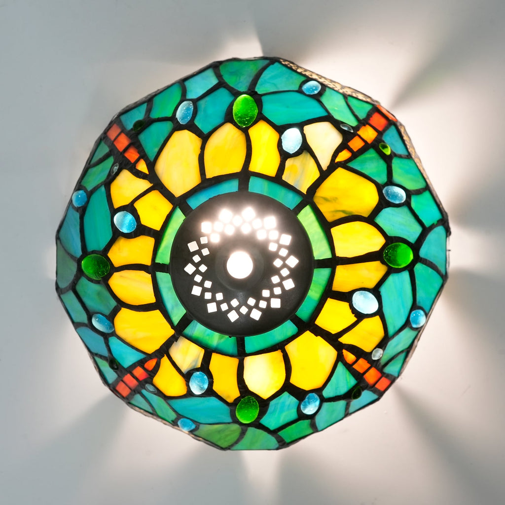 Turquoise Yellow Tiffany Ceiling Light with Glass Cabochons