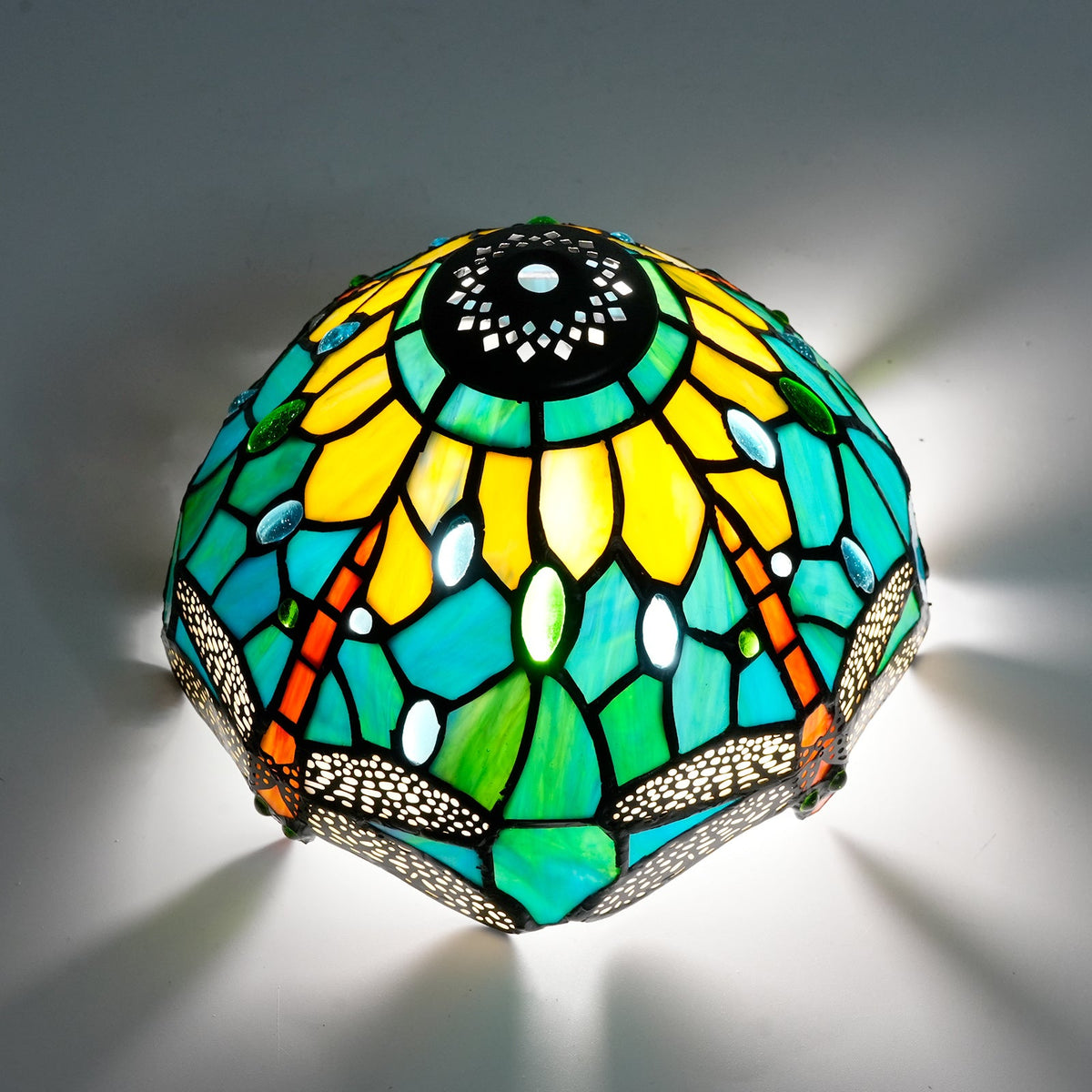 Turquoise Yellow Tiffany Ceiling Light with Glass Cabochons
