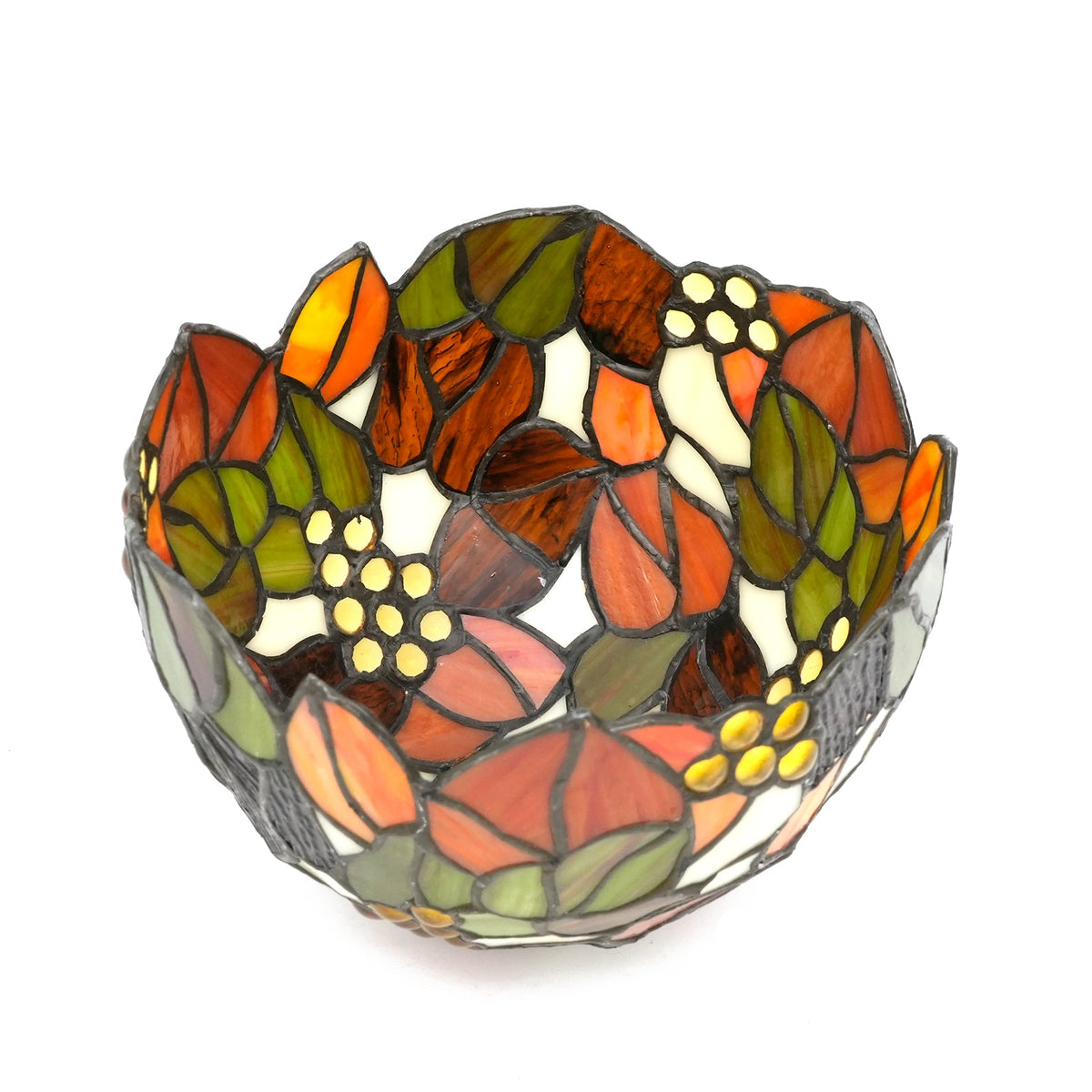 Tiffany stained glass lampshade, floral motif and amber cabochons