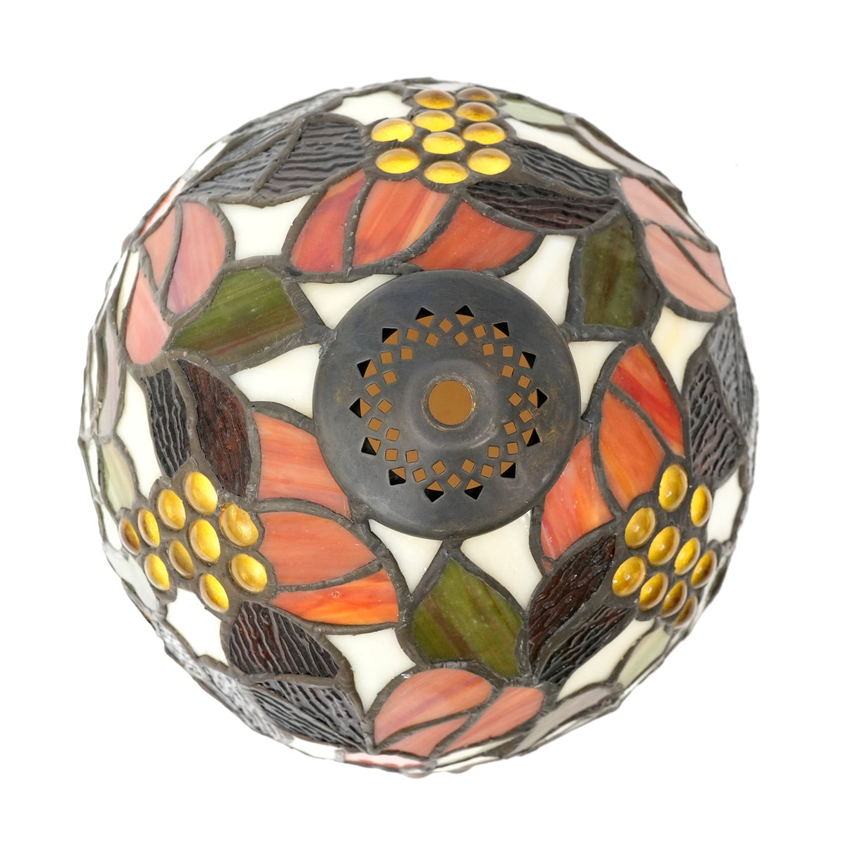 Tiffany stained glass lampshade, floral motif and amber cabochons