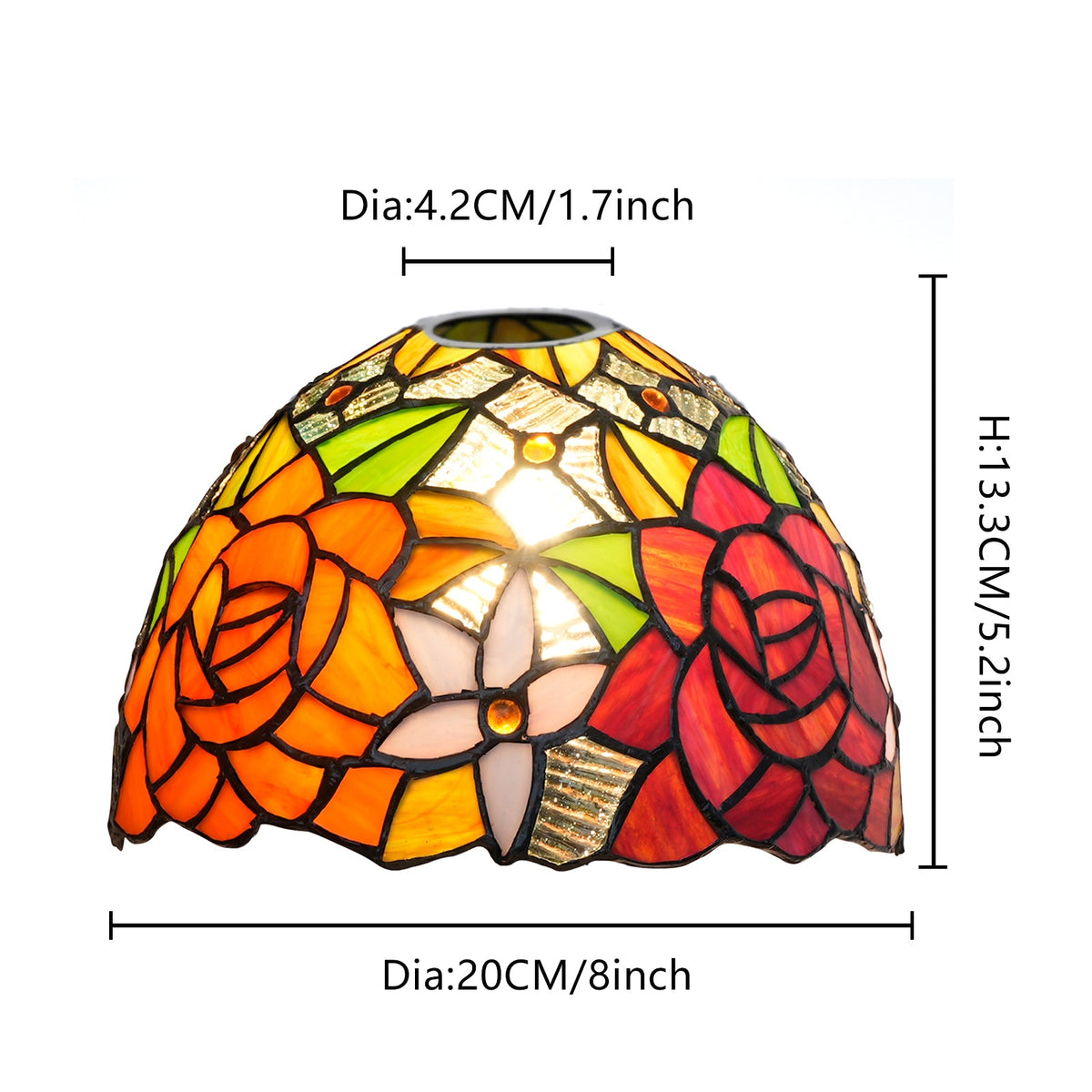Tiffany-style stained glass lampshade with orange and red roses