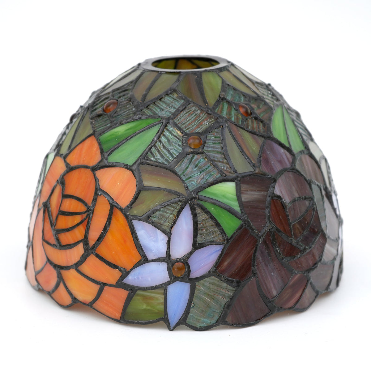 Tiffany-style stained glass lampshade with orange and red roses