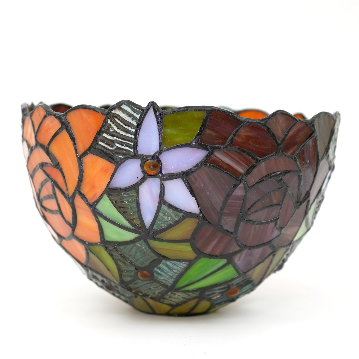 Tiffany-style stained glass lampshade with orange and red roses
