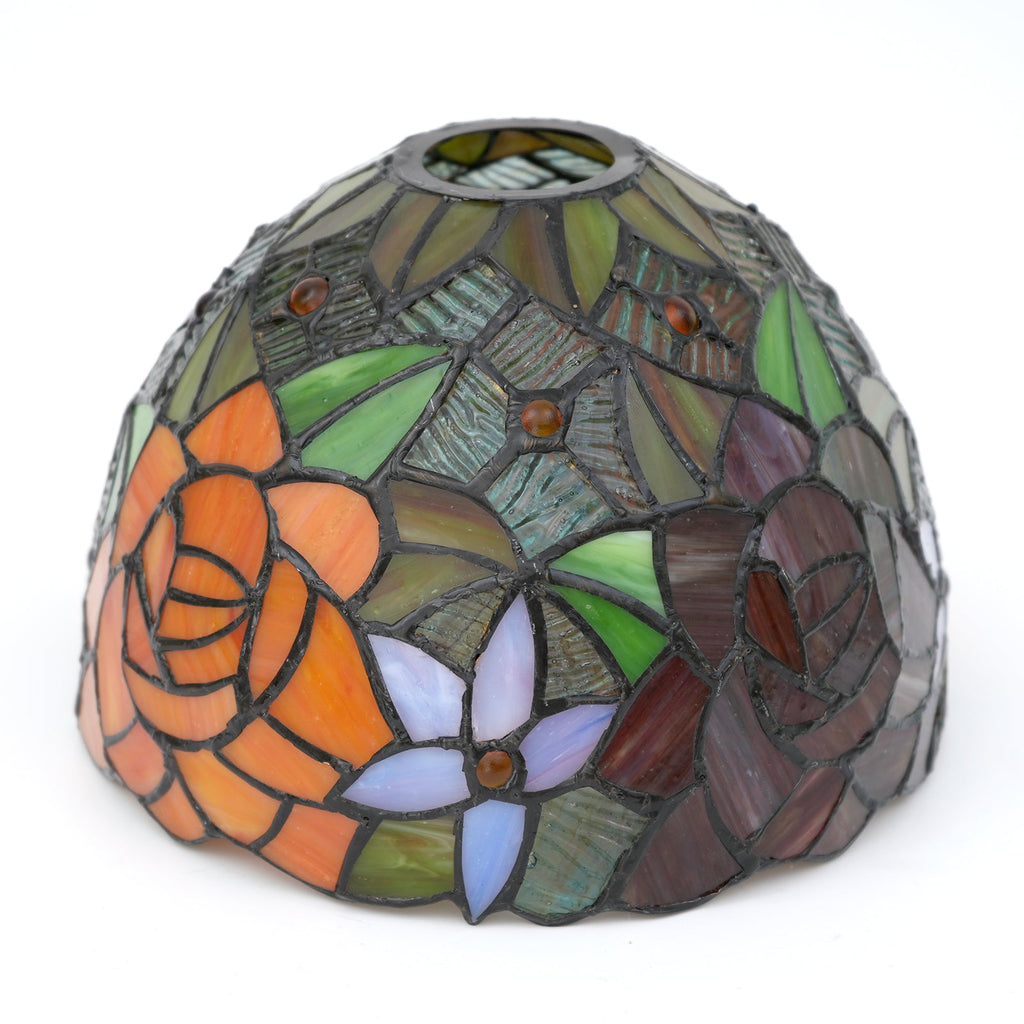 Tiffany-style stained glass lampshade with orange and red roses