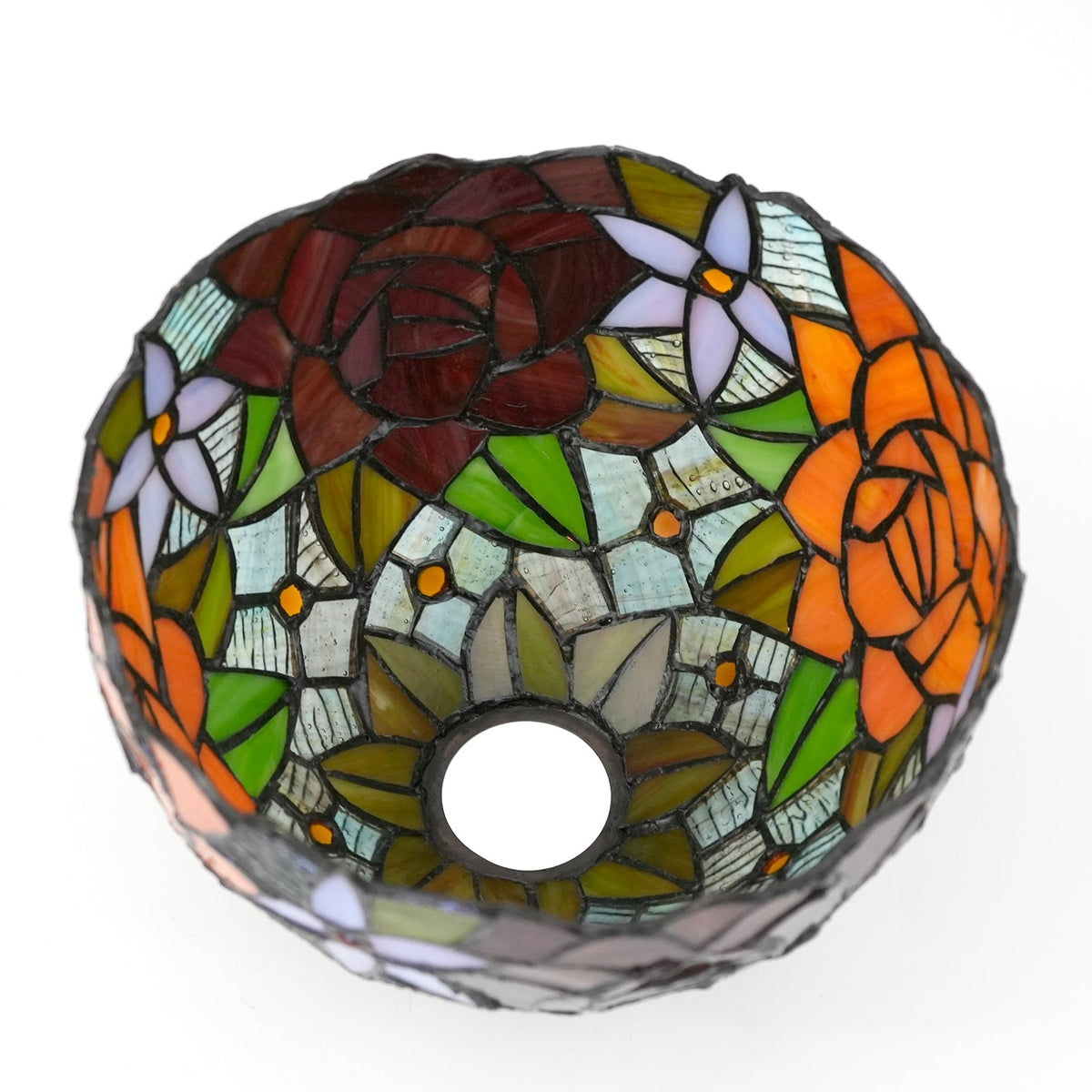 Tiffany-style stained glass lampshade with orange and red roses