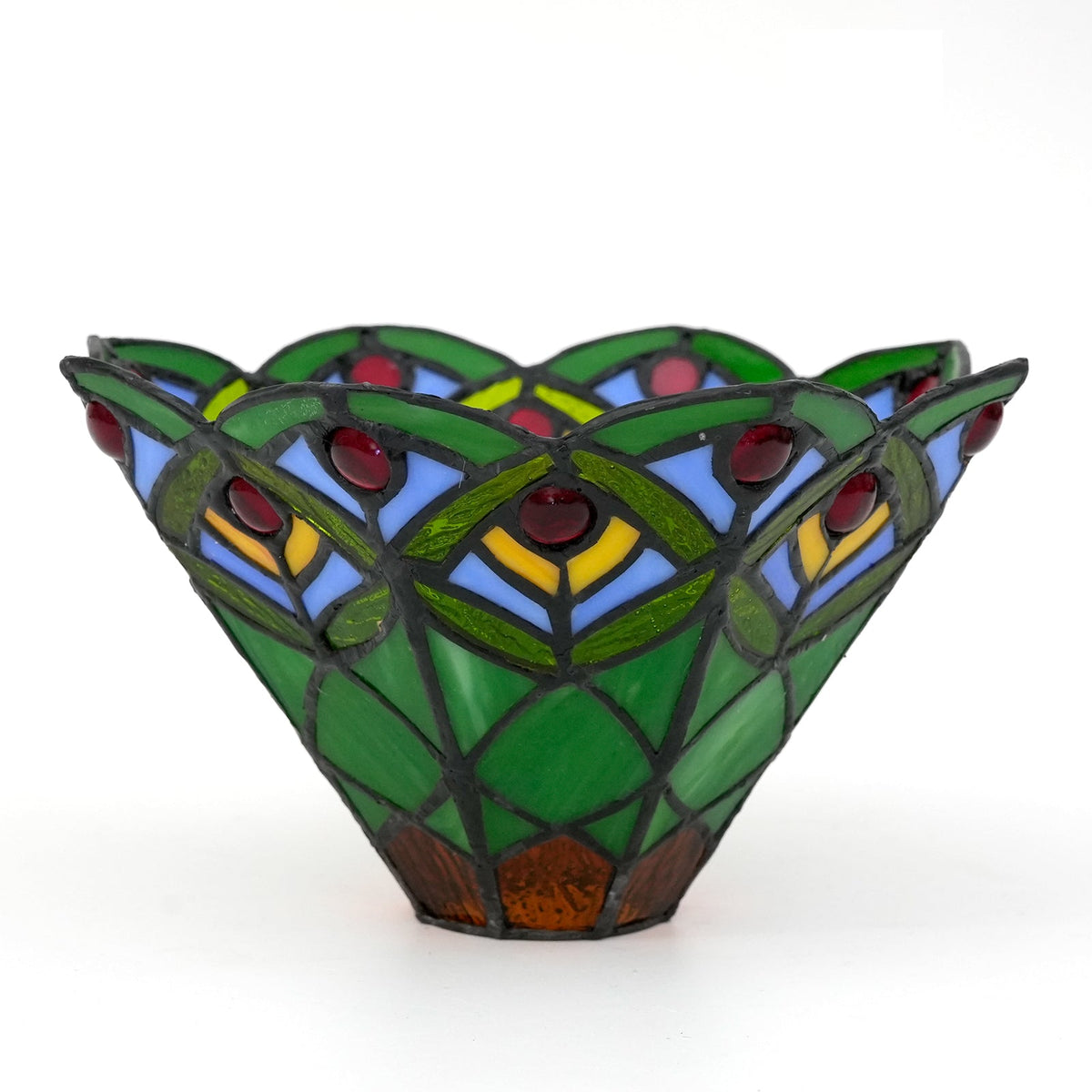 Tinted glass lampshade with patterns and red cabochons