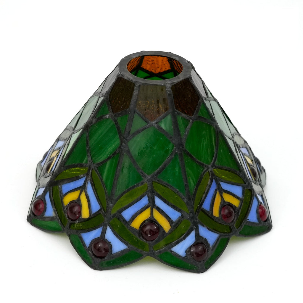Tinted glass lampshade with patterns and red cabochons