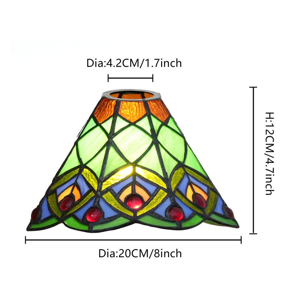 Tinted glass lampshade with patterns and red cabochons