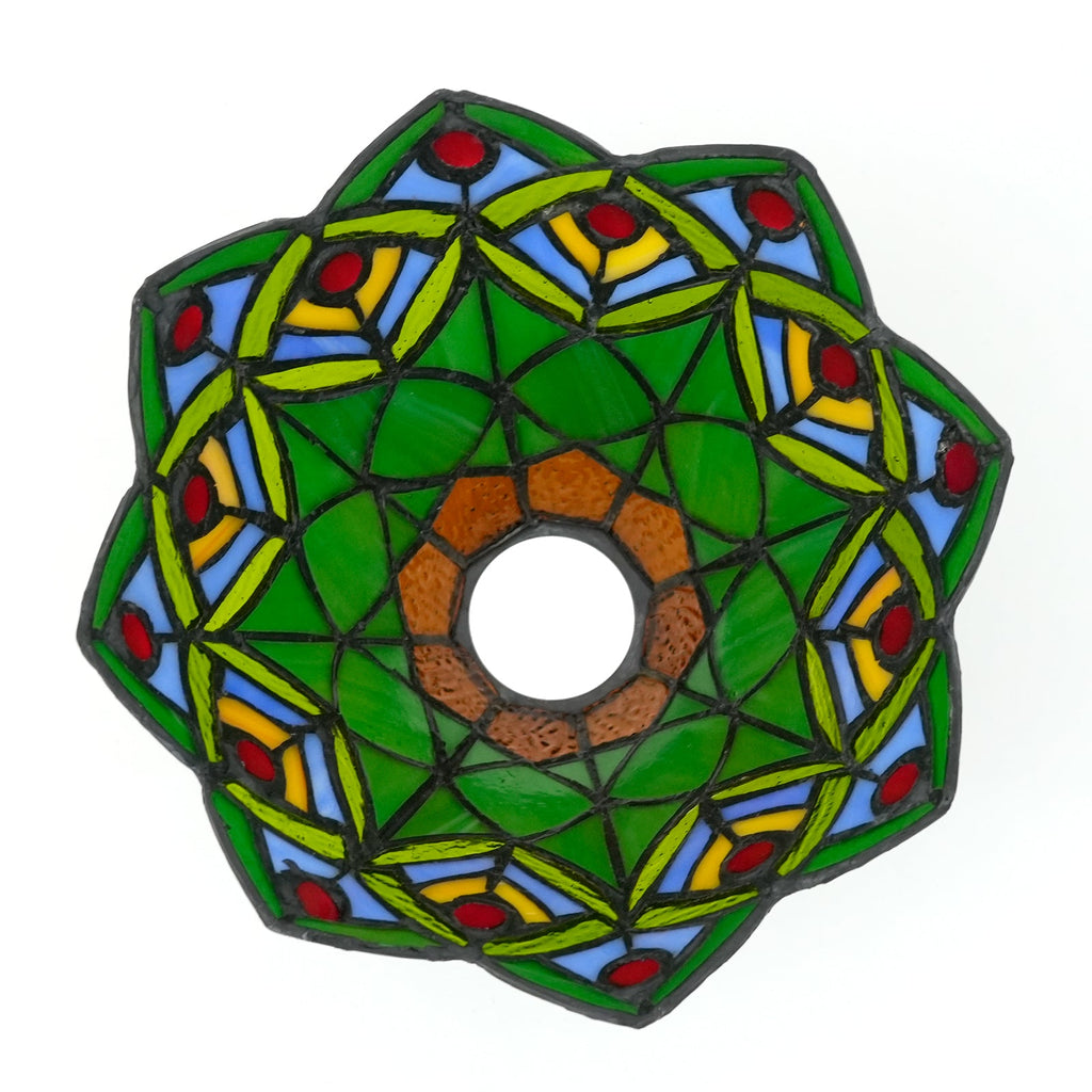 Tinted glass lampshade with patterns and red cabochons