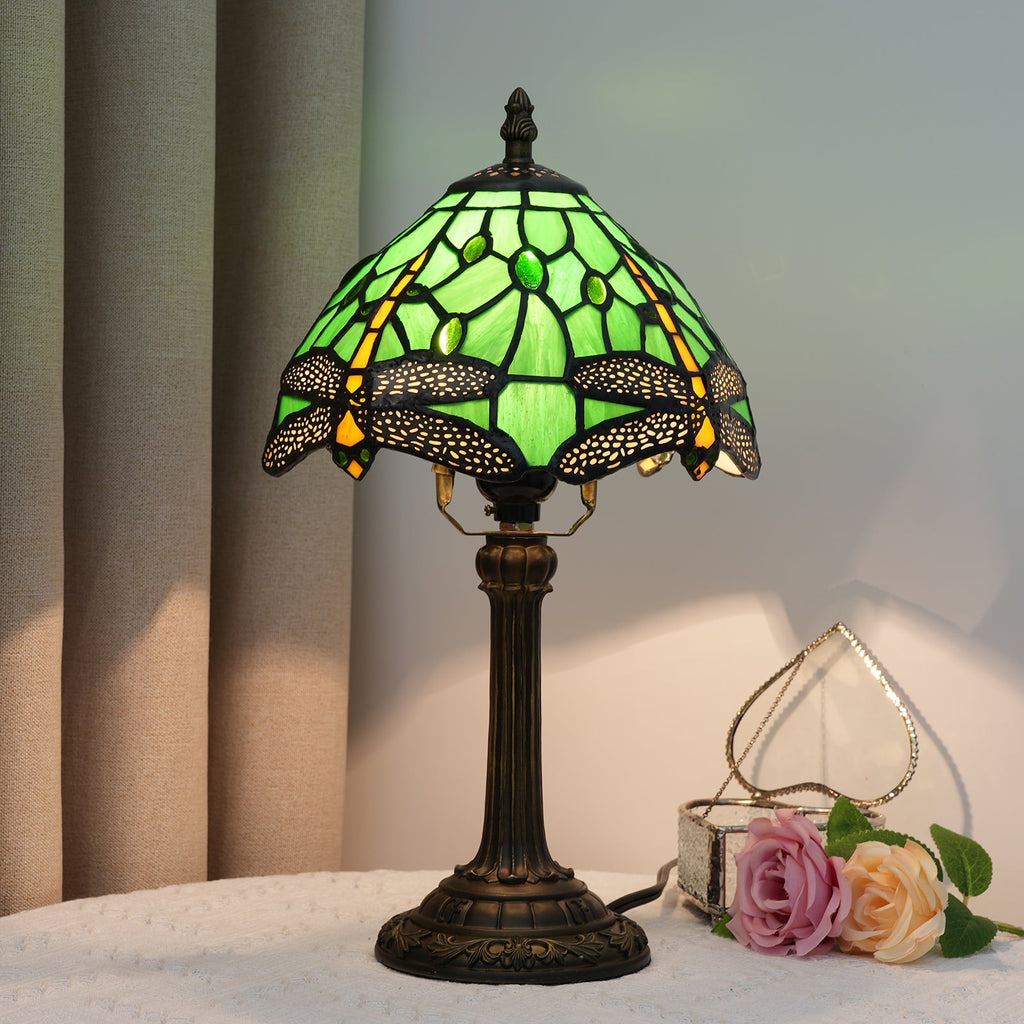 Green Glass Mosaic Lampshade with Dragonflies
