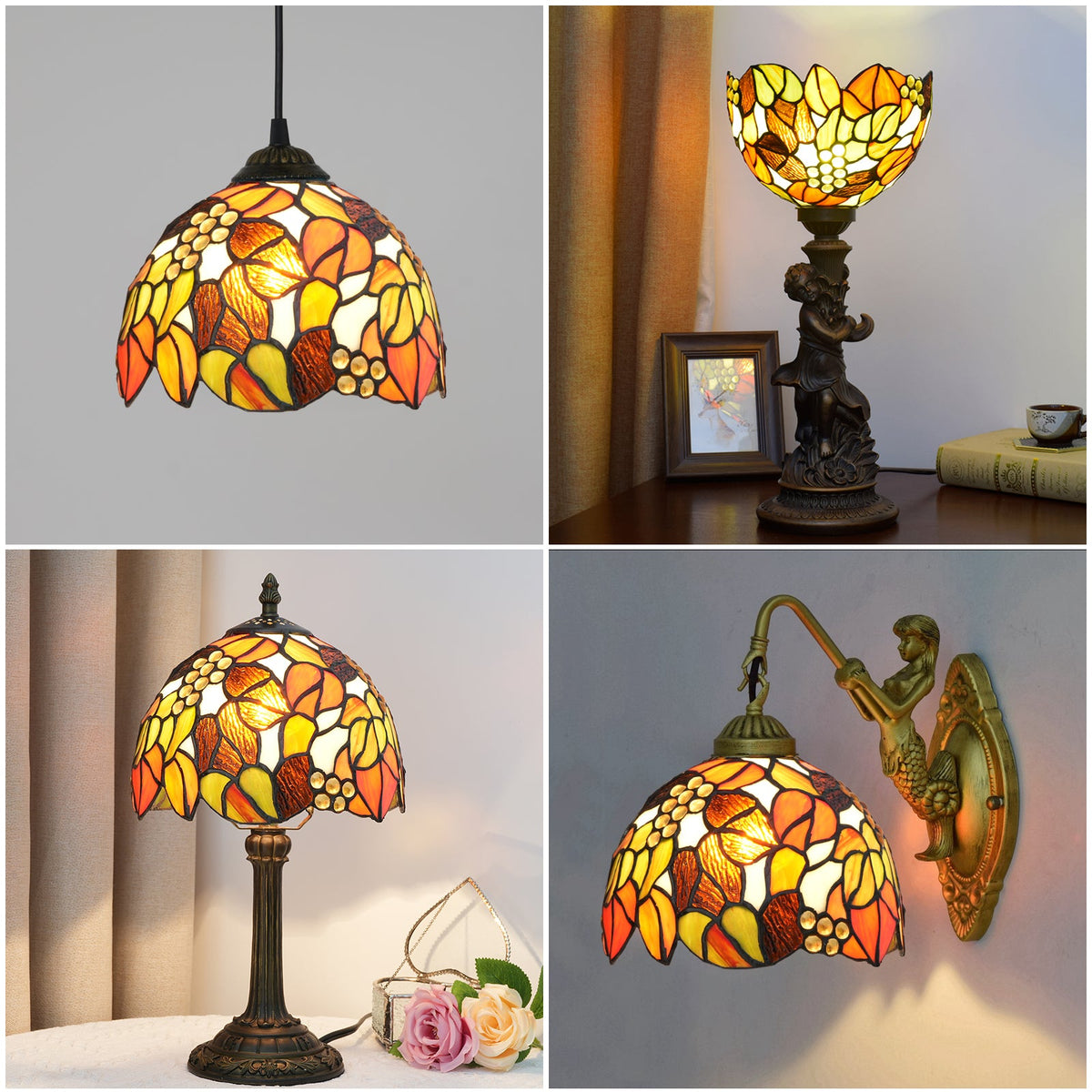 Tiffany-style tinted glass lampshade in orange and yellow berries
