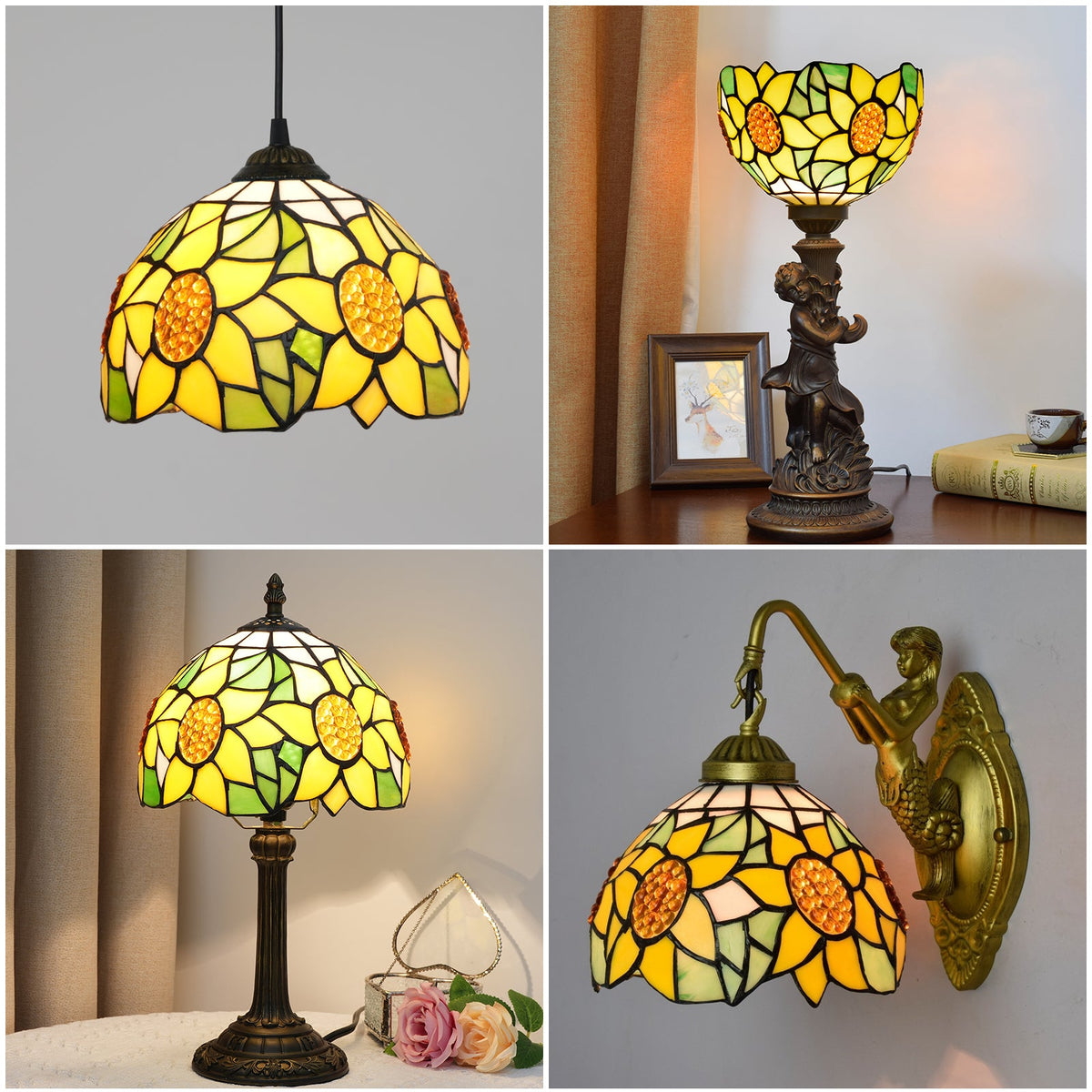 Tiffany-style tinted glass lampshade with sunflowers