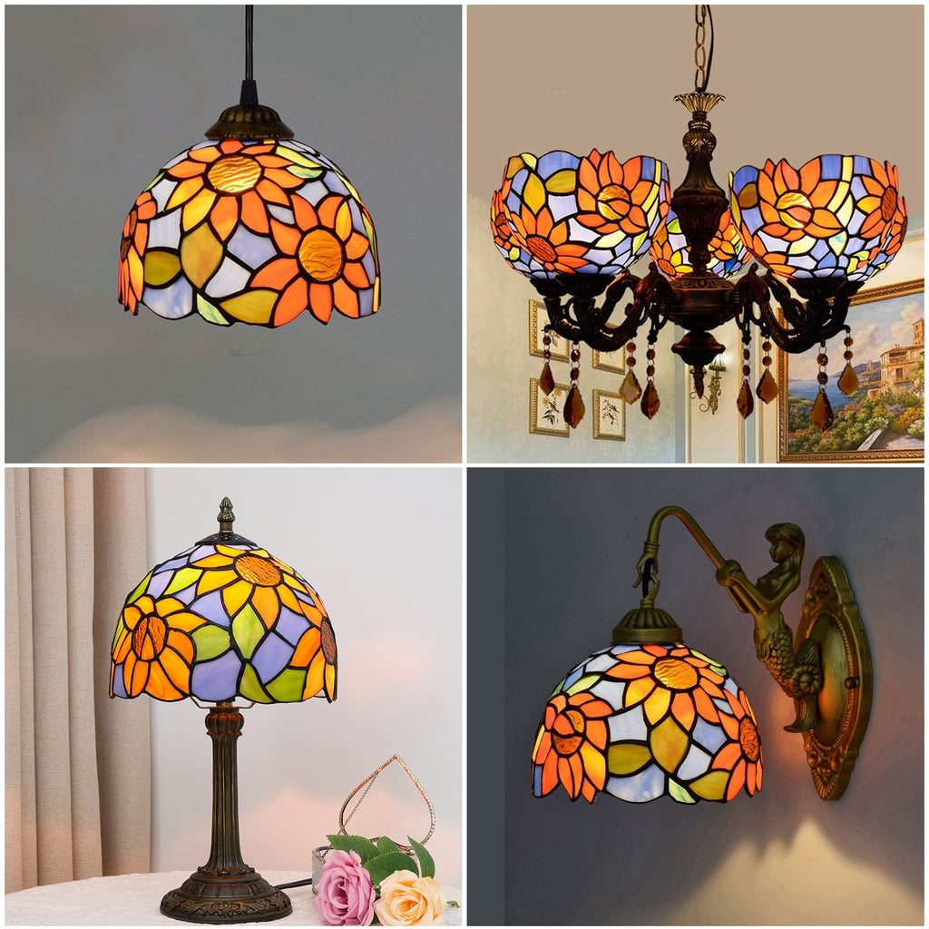 Tiffany-style lampshade in tinted glass with sunflower design