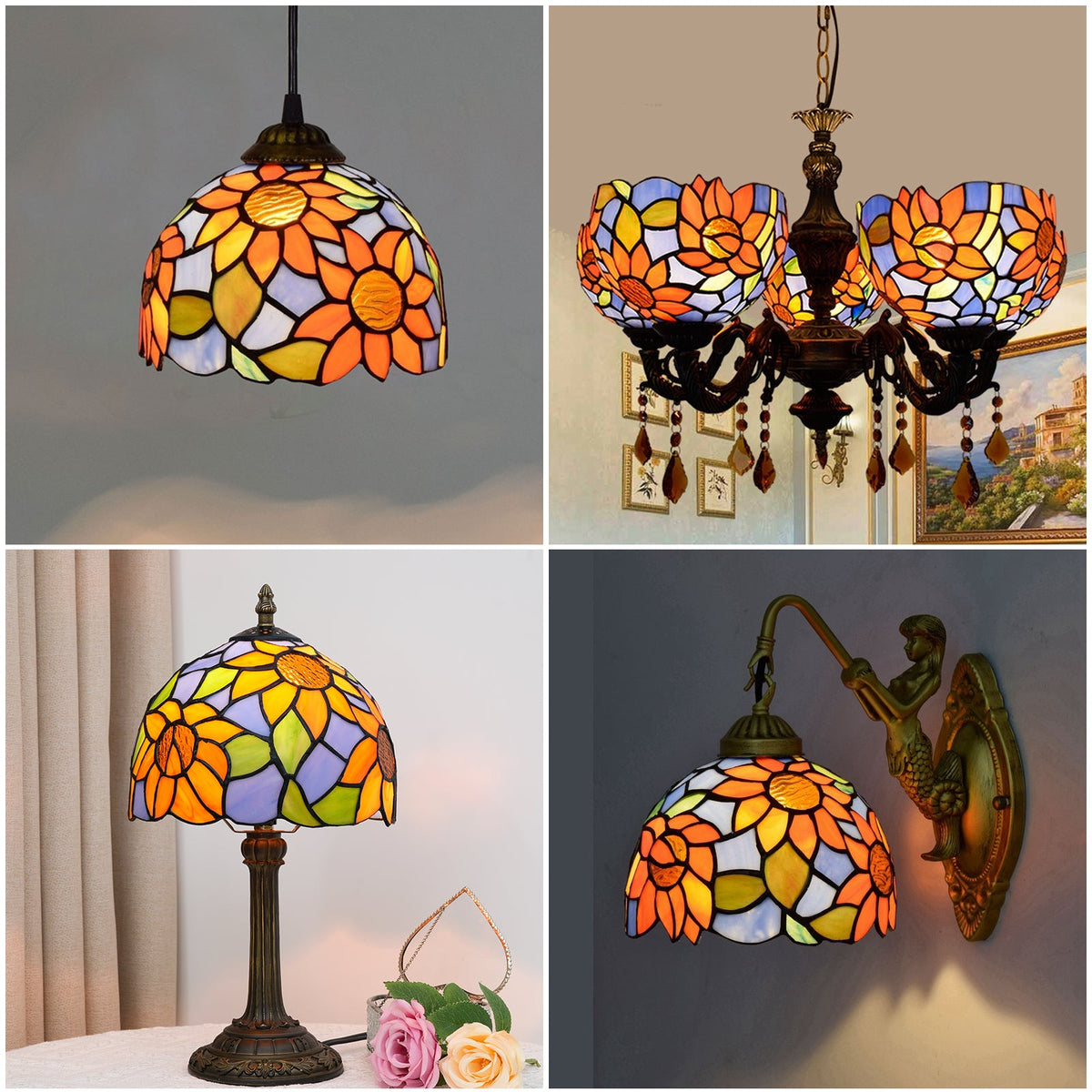 Tiffany-style lampshade in tinted glass with sunflower design