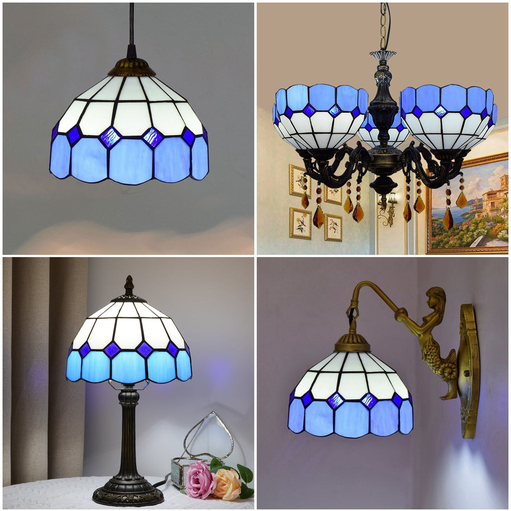 Conical lampshade in white and blue scalloped stained glass