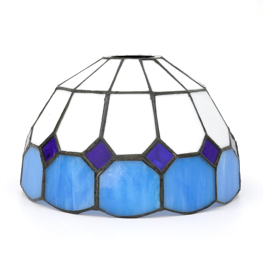 Conical lampshade in white and blue scalloped stained glass