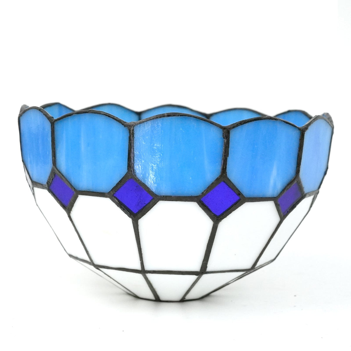 Conical lampshade in white and blue scalloped stained glass