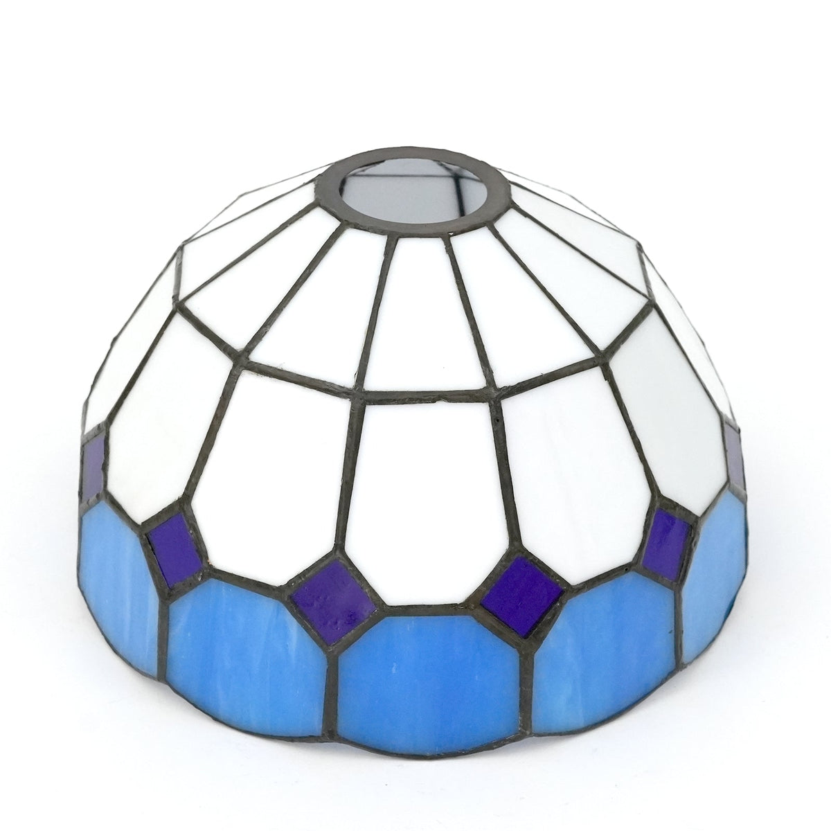 Conical lampshade in white and blue scalloped stained glass