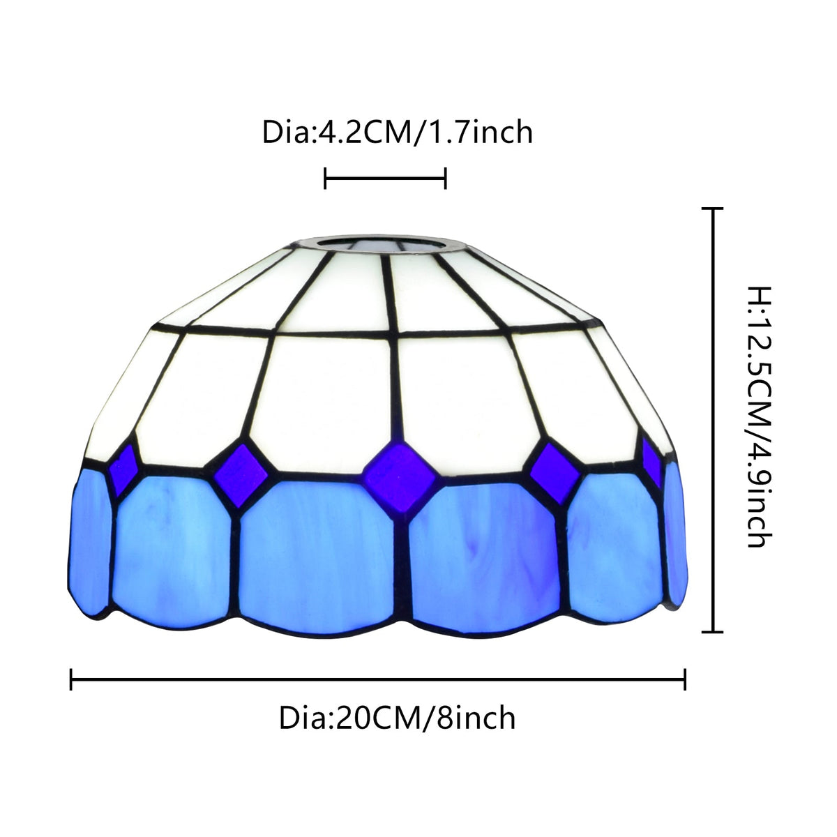 Conical lampshade in white and blue scalloped stained glass