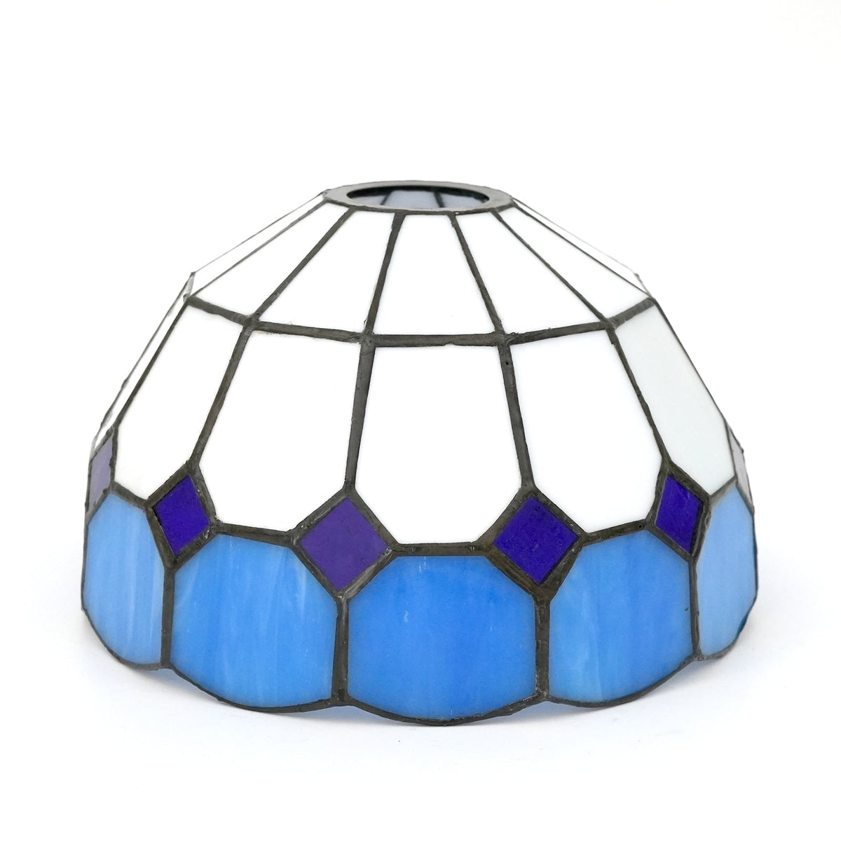 Conical lampshade in white and blue scalloped stained glass