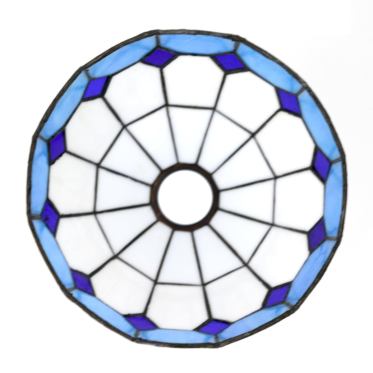 Conical lampshade in white and blue scalloped stained glass