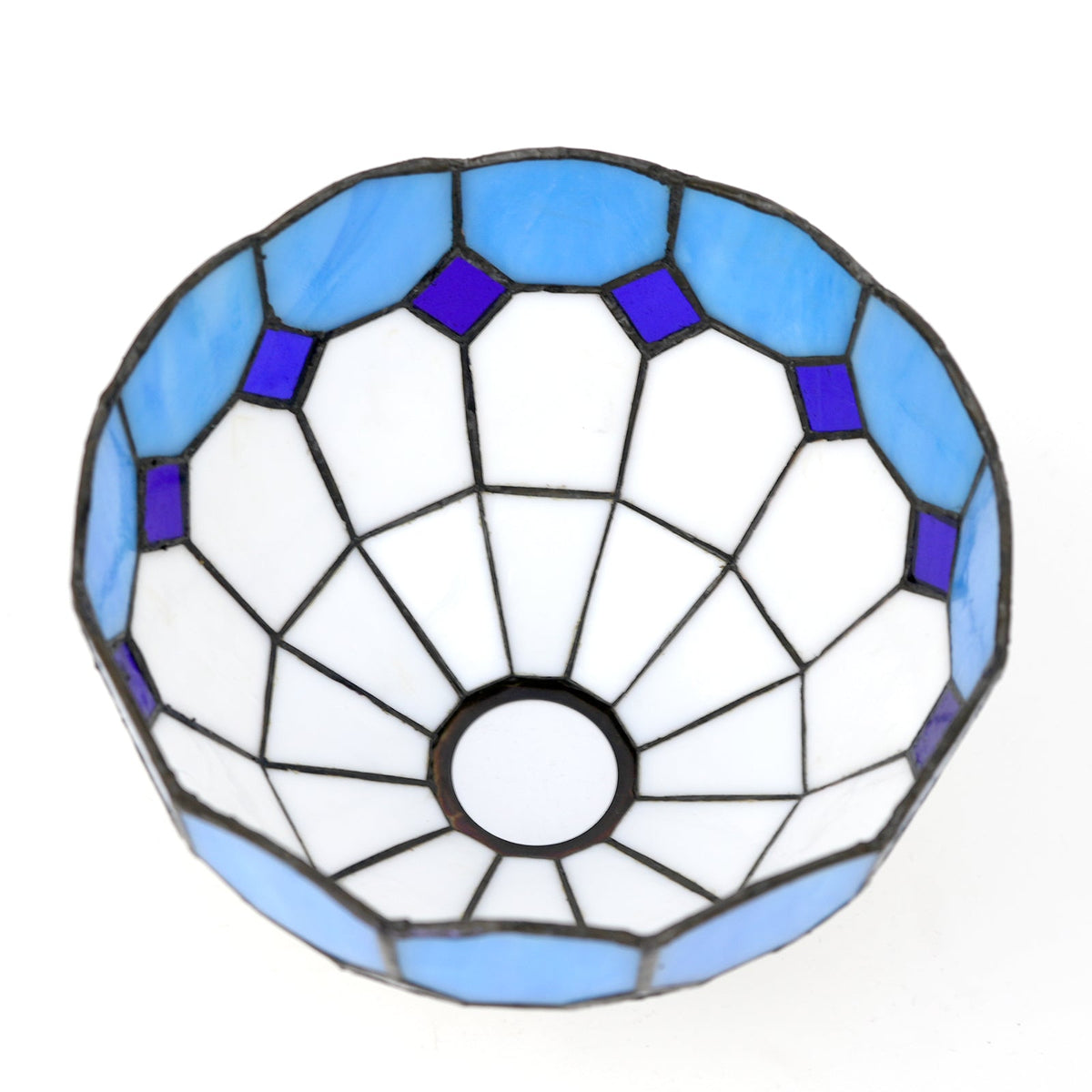 Conical lampshade in white and blue scalloped stained glass