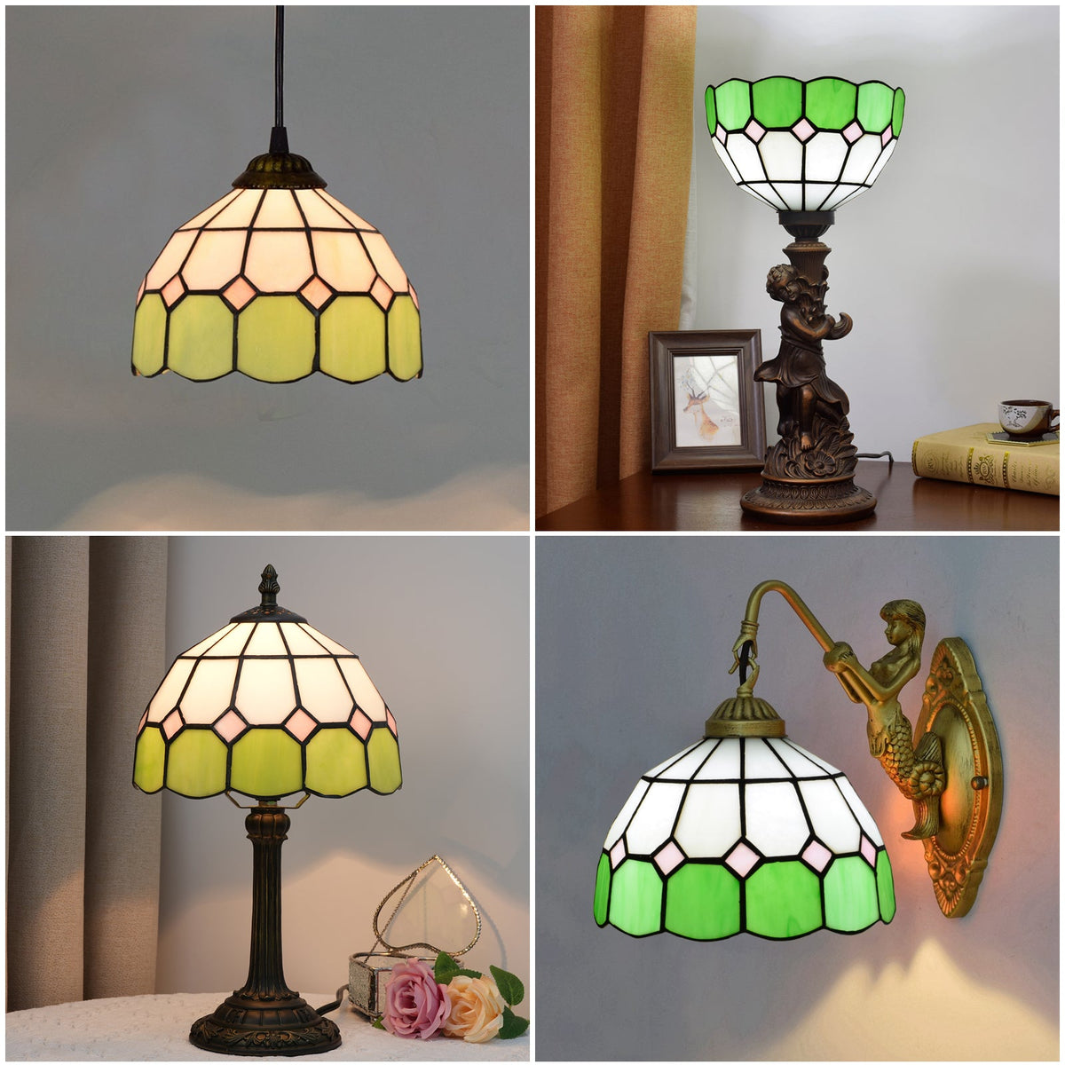 Tiffany Lampshade in Green and Pink Scalloped Glass