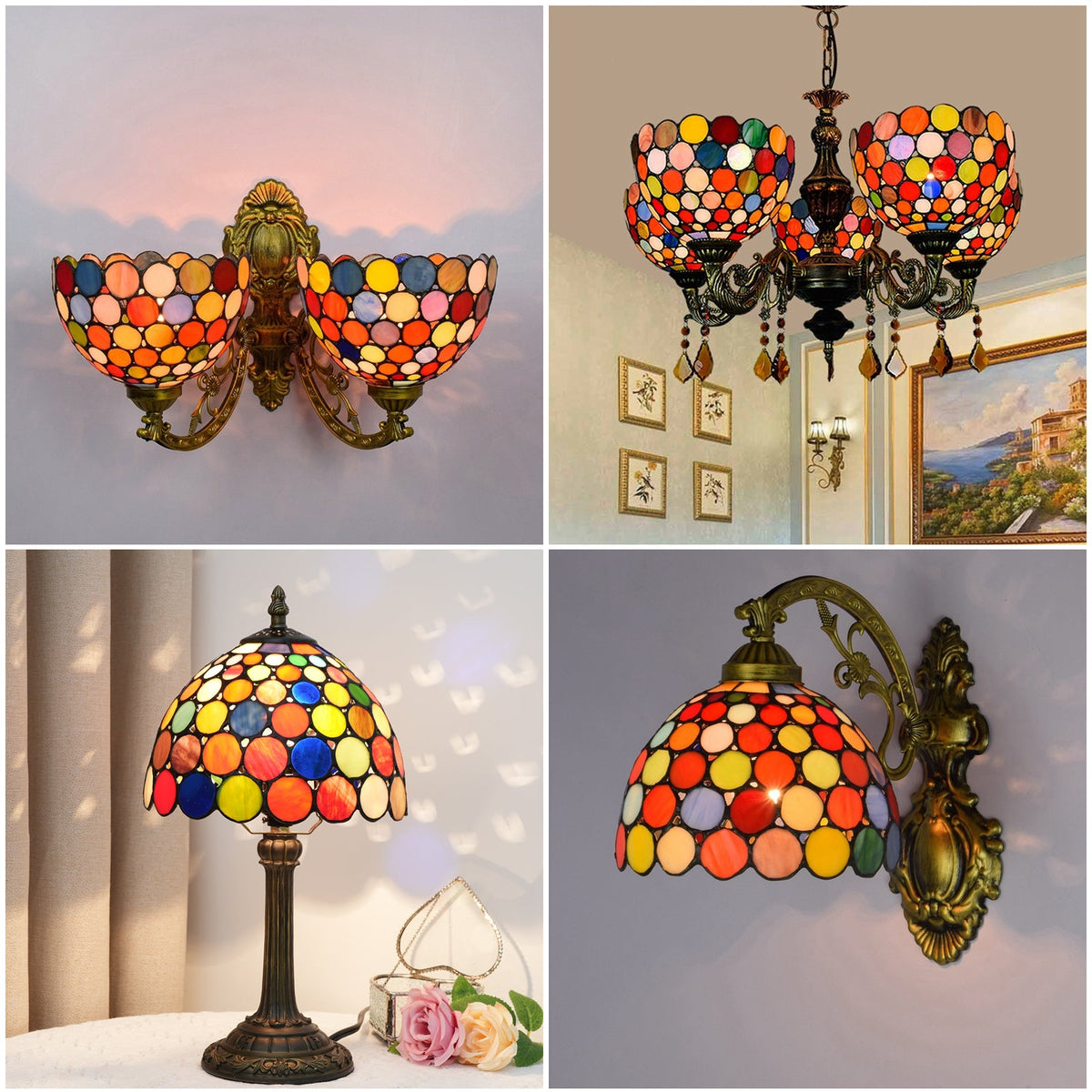 Tiffany-style lampshade with a mosaic of multicolored circles