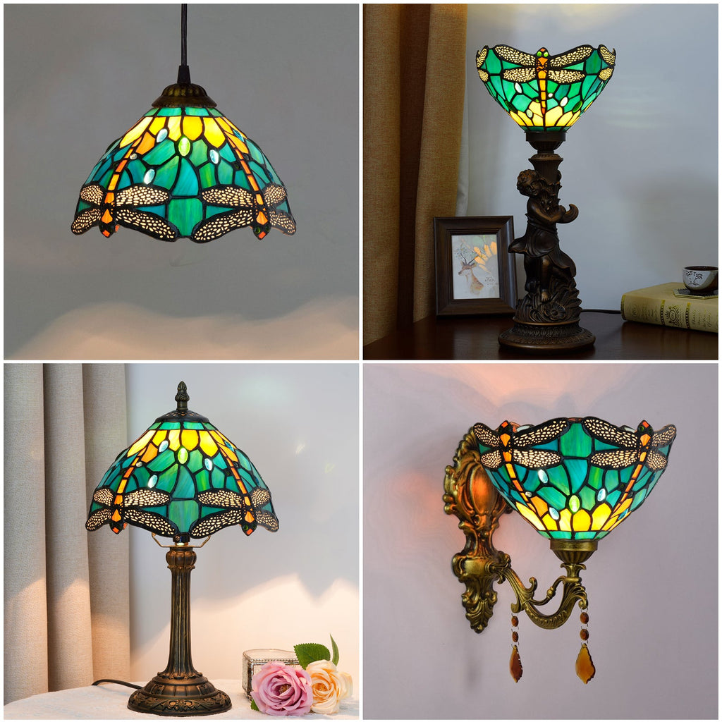 Tiffany Dragonfly Lampshade in Amber Green Tinted Glass