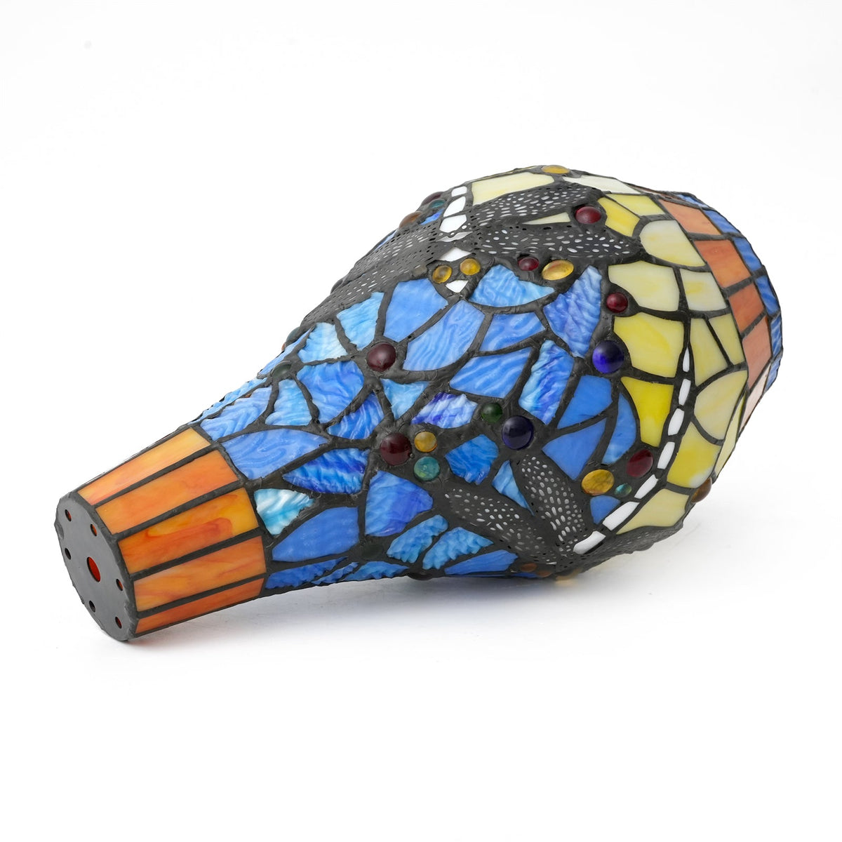 Blue and Yellow Stained Glass Tiffany Vase with Dragonfly