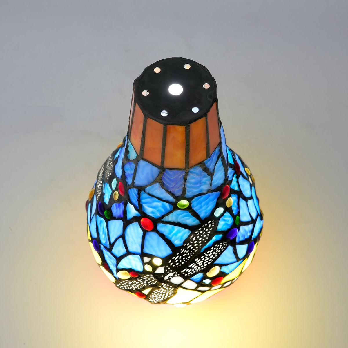 Blue and Yellow Stained Glass Tiffany Vase with Dragonfly