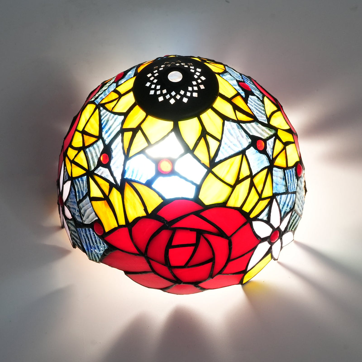Tiffany Floral Lampshade with Red Rose in Tinted Glass