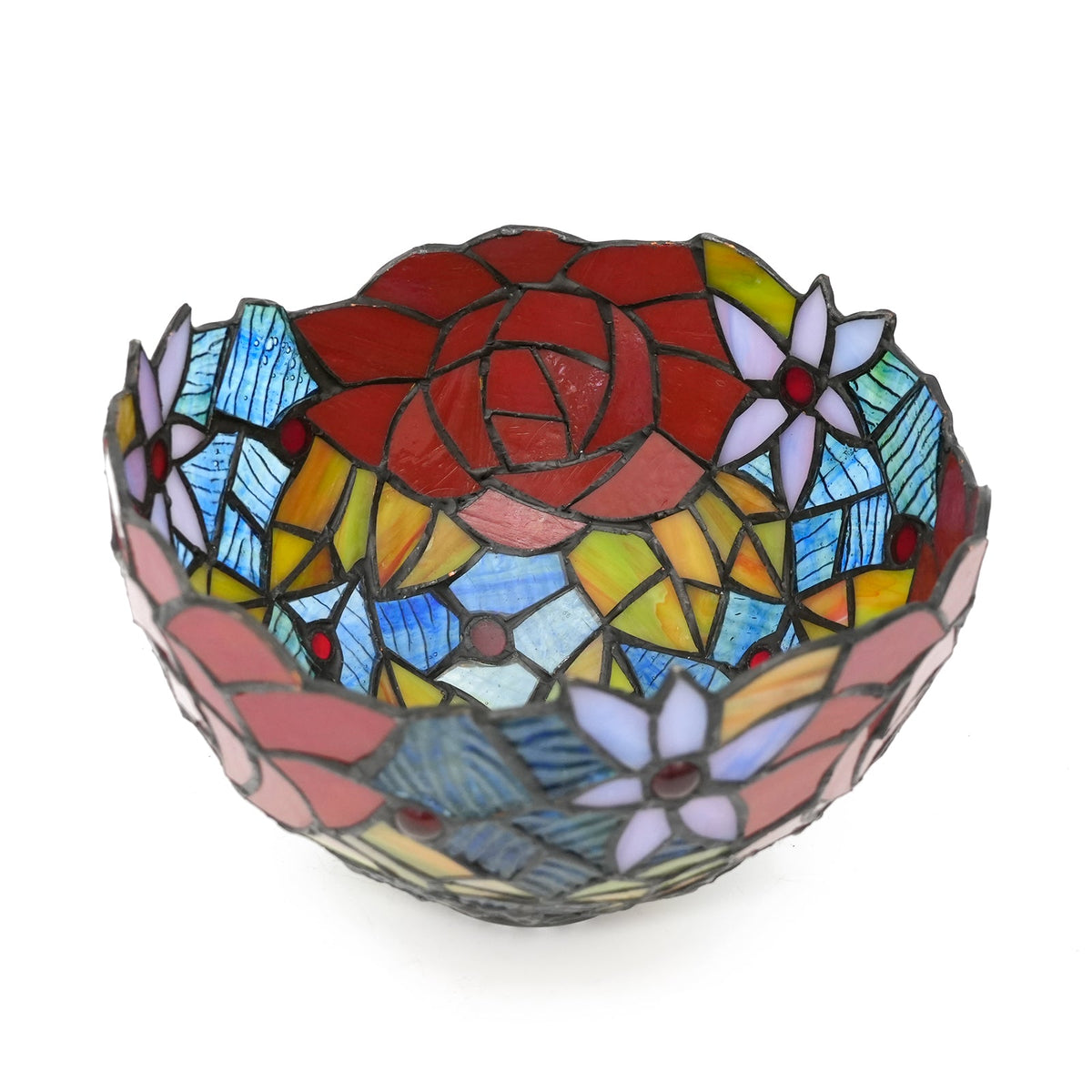 Tiffany Floral Lampshade with Red Rose in Tinted Glass