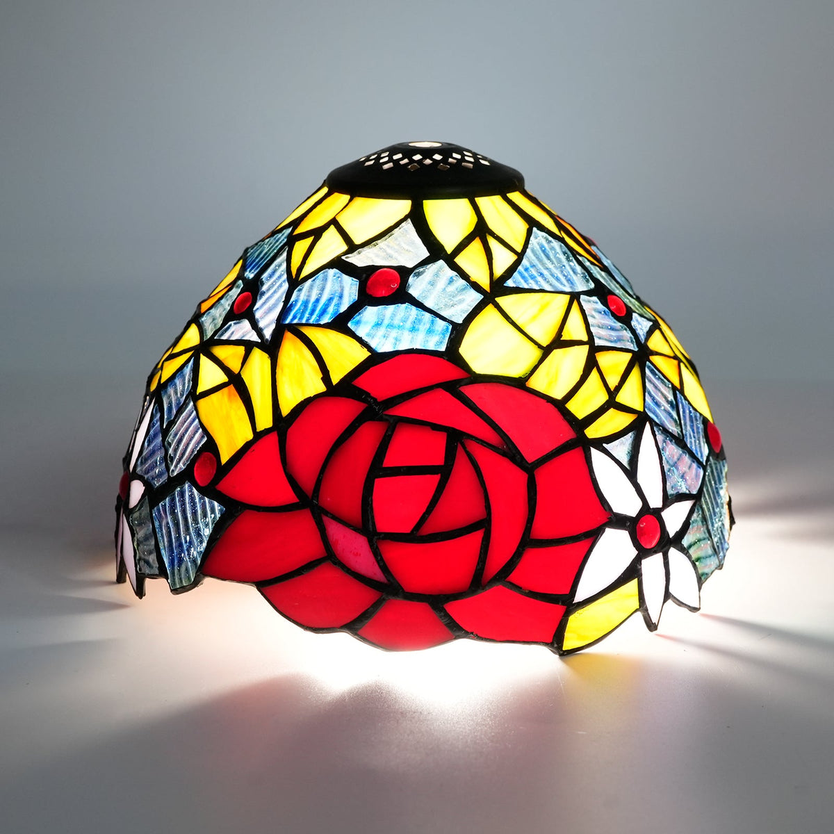 Tiffany Floral Lampshade with Red Rose in Tinted Glass