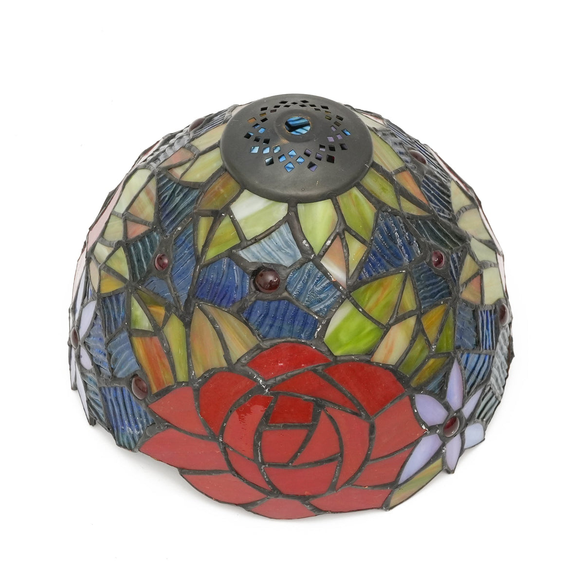 Tiffany Floral Lampshade with Red Rose in Tinted Glass