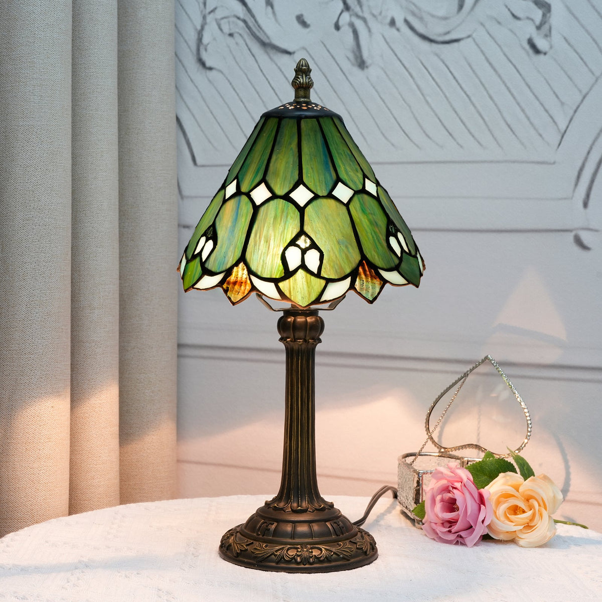 Tiffany Lampshade in Marbled Green and White Glass