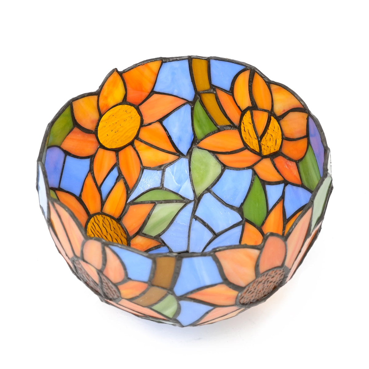 Tiffany-style lampshade with blue and orange sunflowers