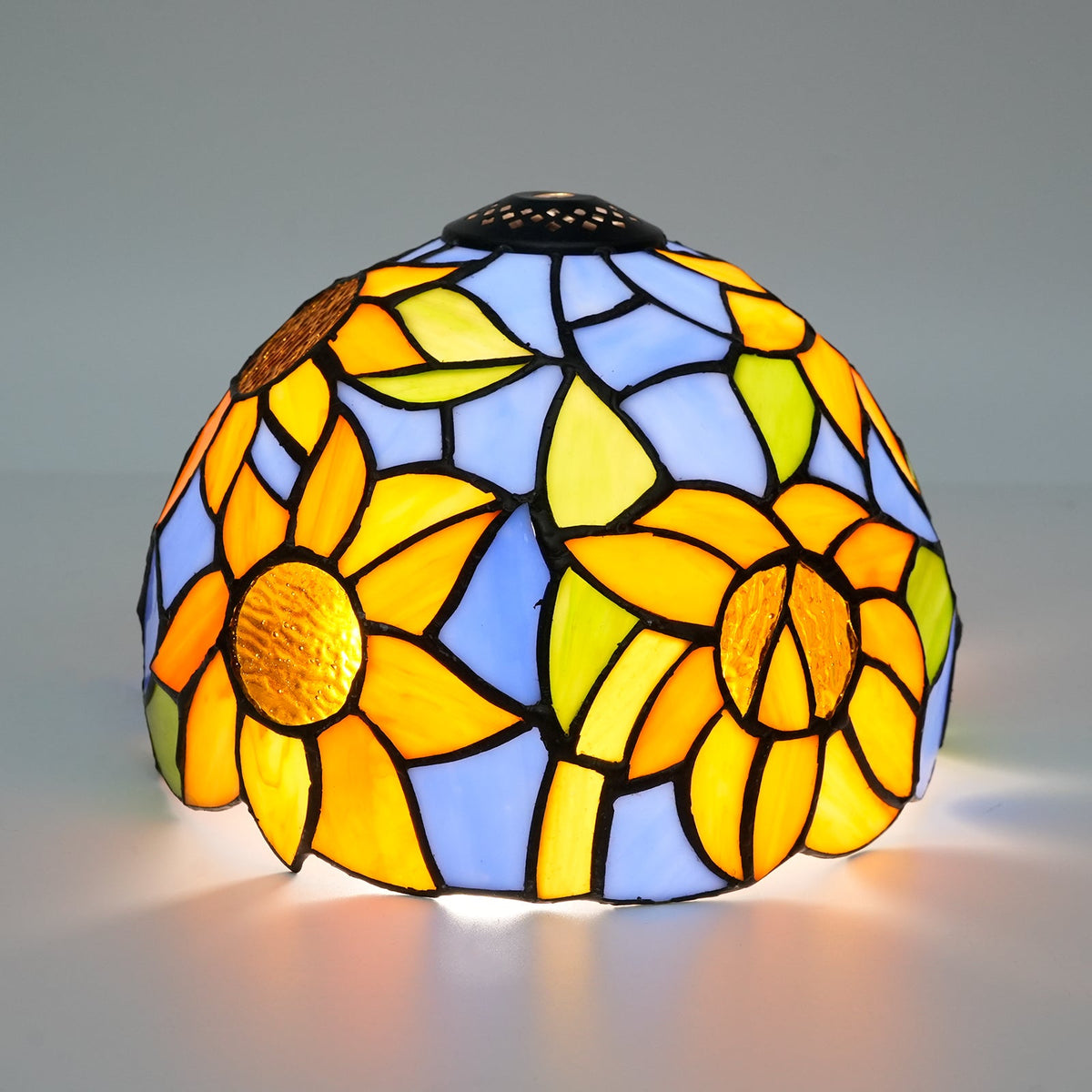 Tiffany-style lampshade with blue and orange sunflowers