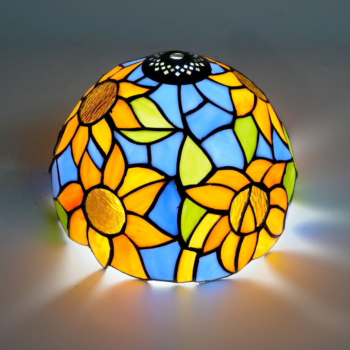 Tiffany-style lampshade with blue and orange sunflowers