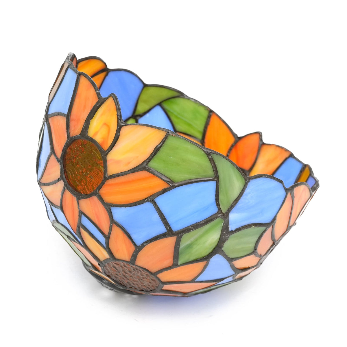 Tiffany-style lampshade with blue and orange sunflowers