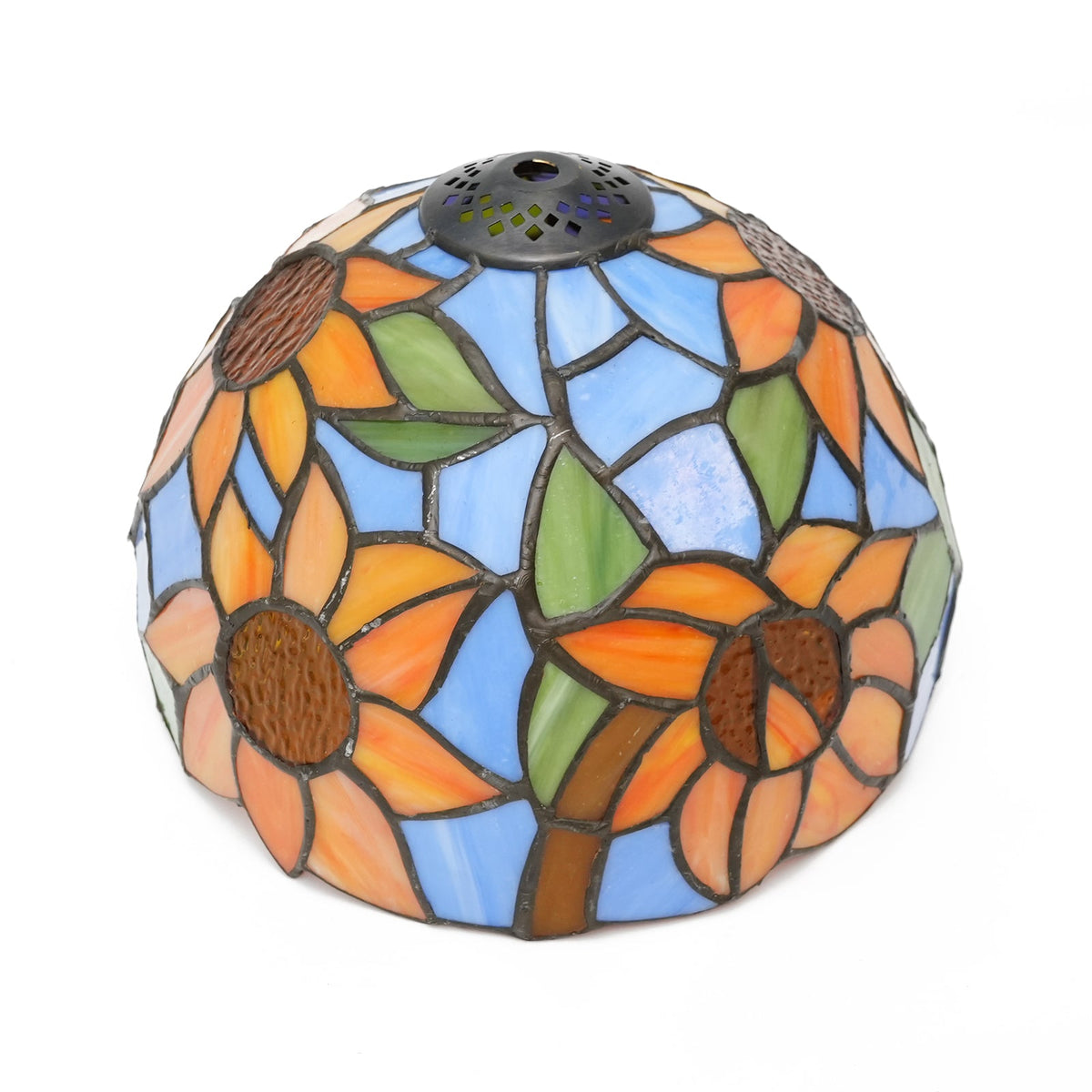 Tiffany-style lampshade with blue and orange sunflowers