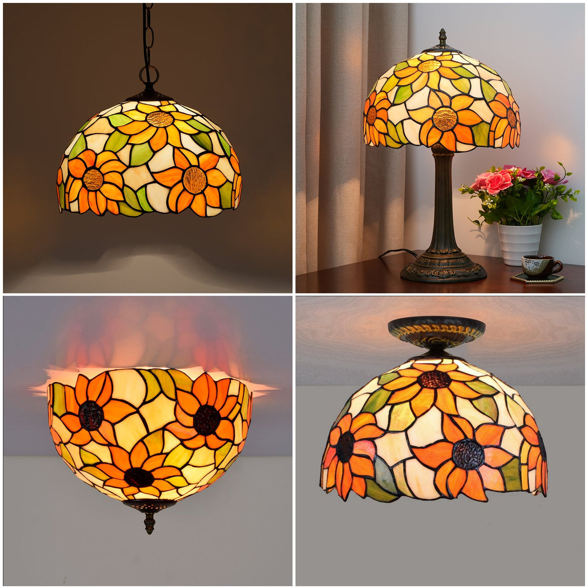 Tiffany-style tinted glass lampshade with sunflower design