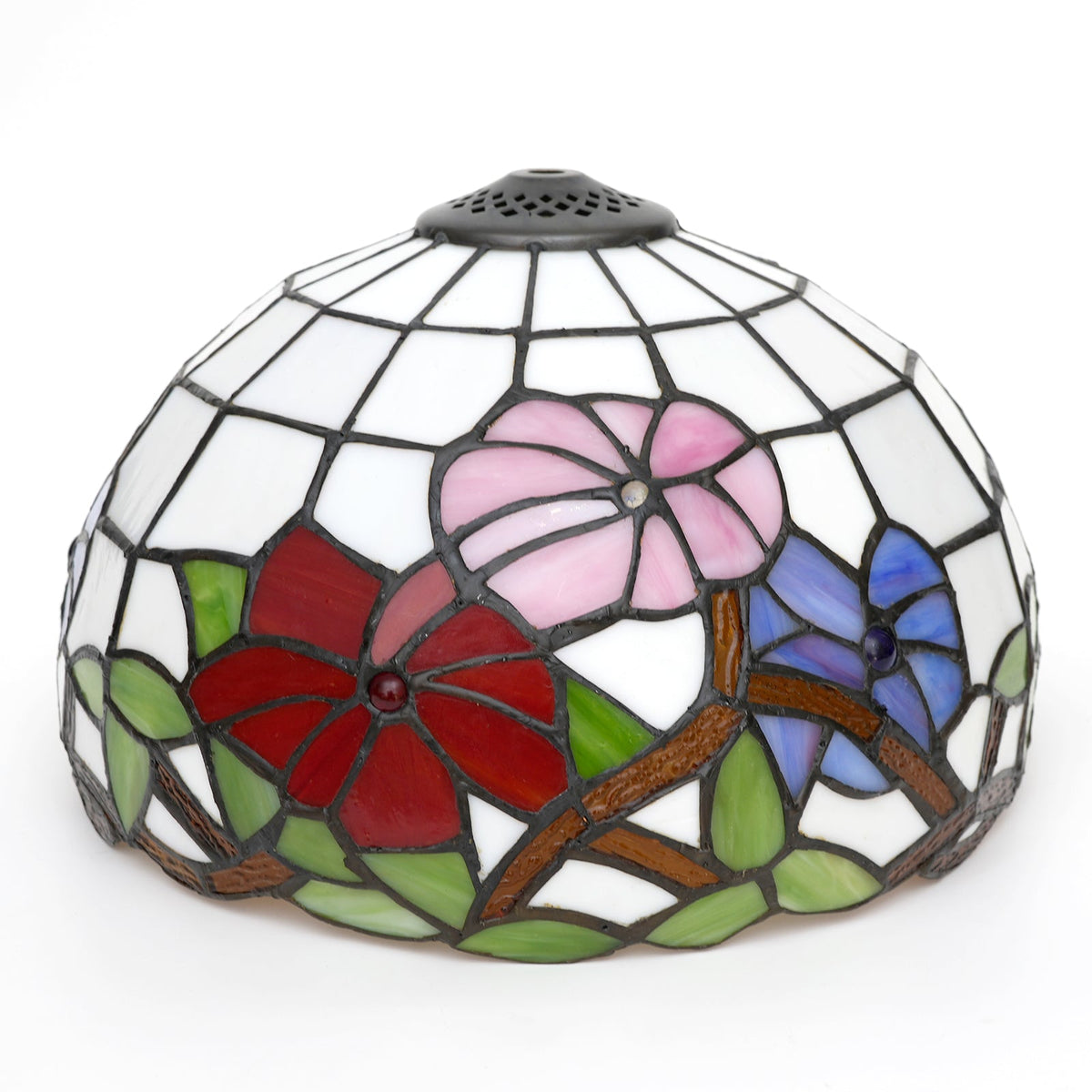 Tiffany-style stained glass lampshade with vibrant flowers